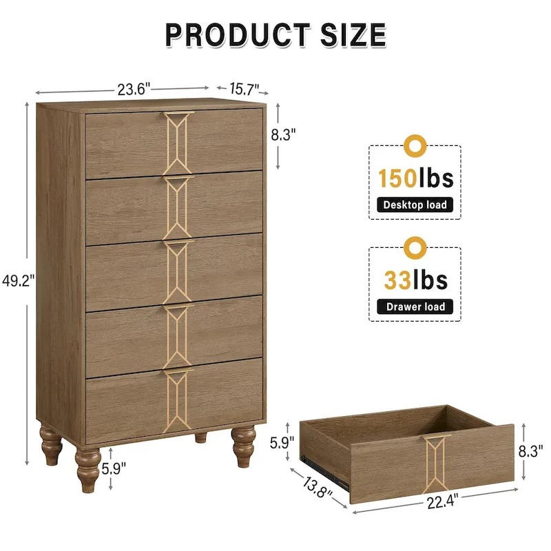 5 Drawer Dresser, Modern Wooden