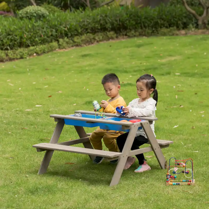 Picnic Play Table, Sandbox Table with Umbrella Hole and 2 Play Boxes.