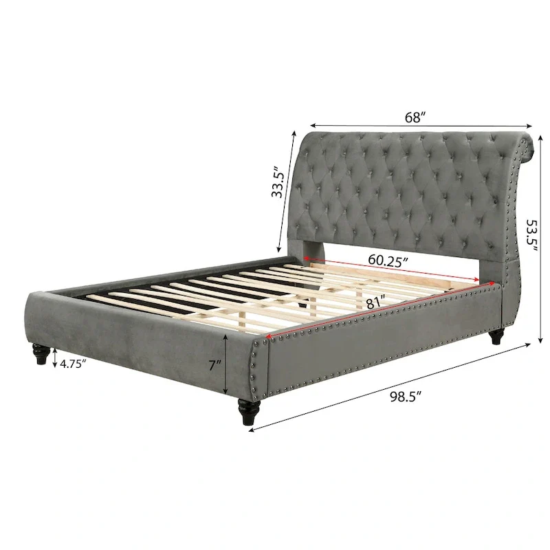 Cerderia Velvet Upholstered Button Tufted Nailhead Trim Sleigh Bed, Gray