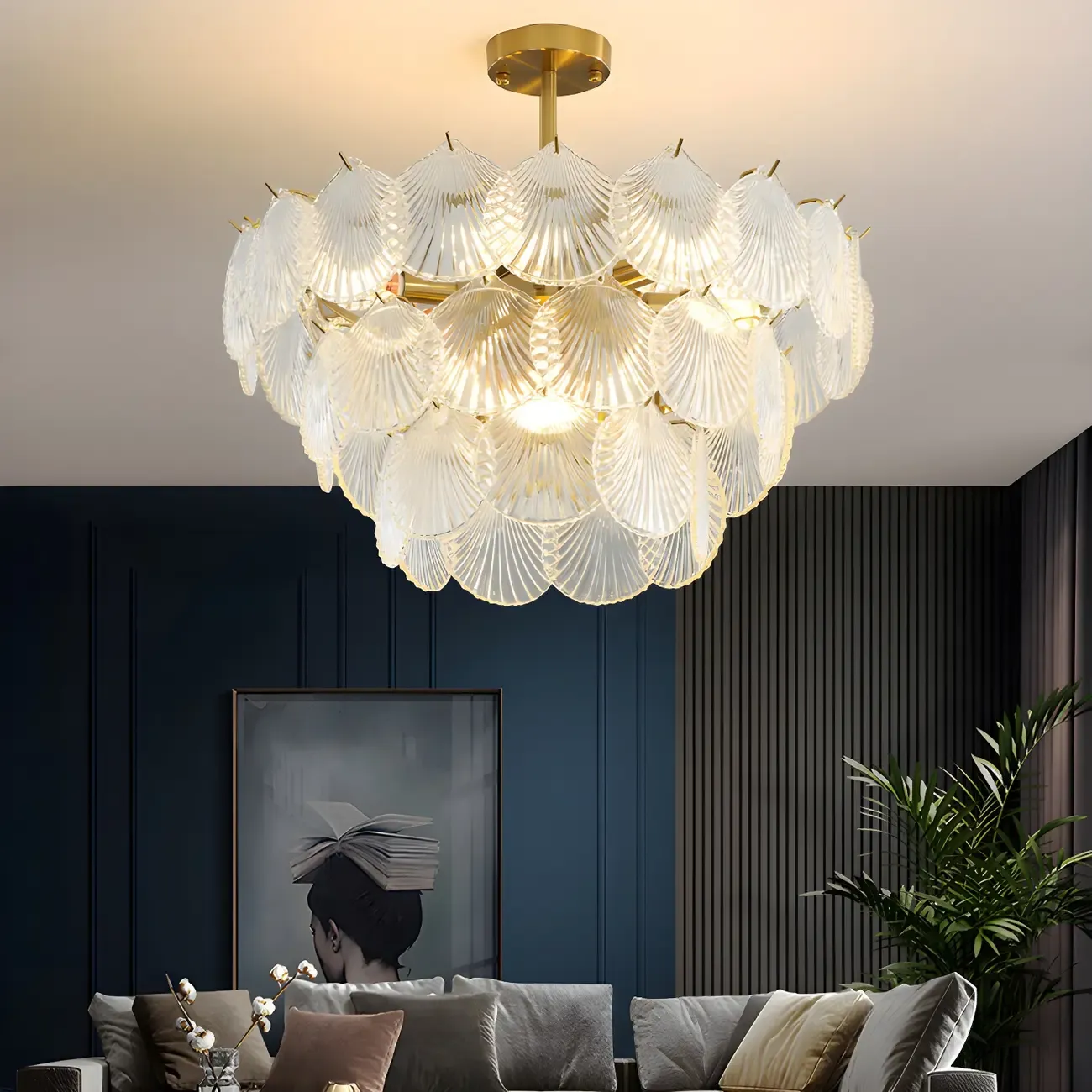 Adjustable Elegant Gold Unique Layered Scallop Glass Chandelier
