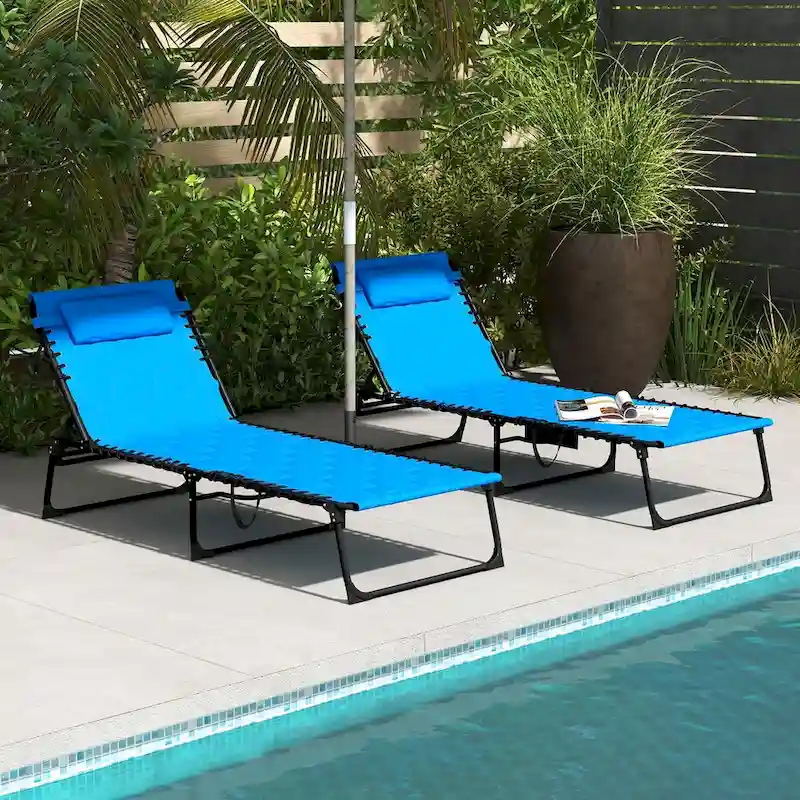 Folding Chaise Lounge Set with 5-level Reclining Back, Lounge Tanning Chair with Padded Seat, Side Pocket & Headrest