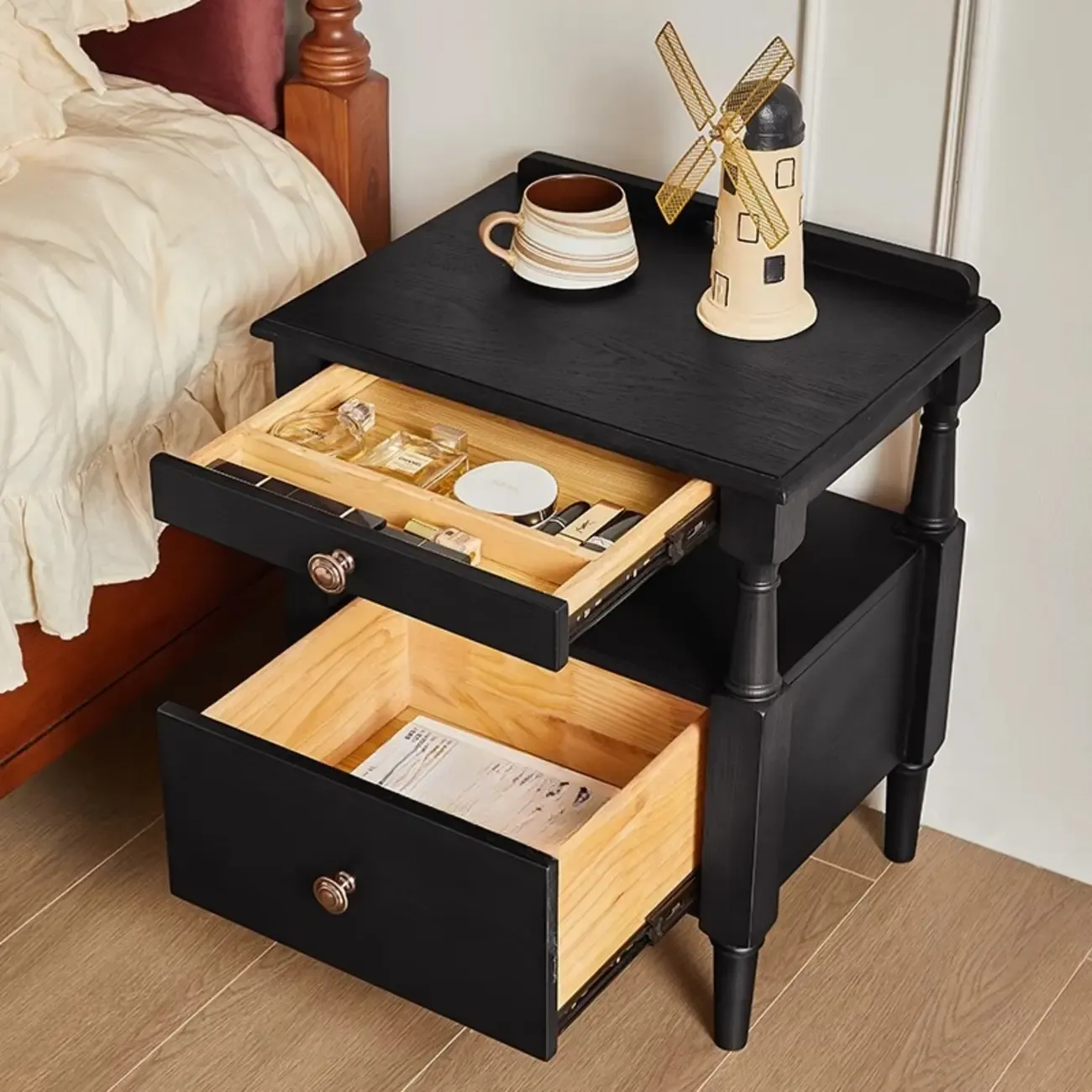 French Country Black 2 Drawers Wooden Nightstand