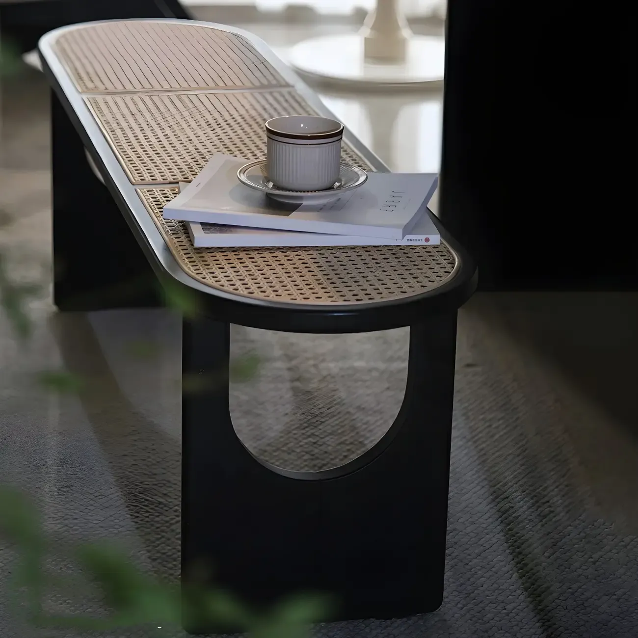 Rectangular Black Rattan Top Rubberwood Bench