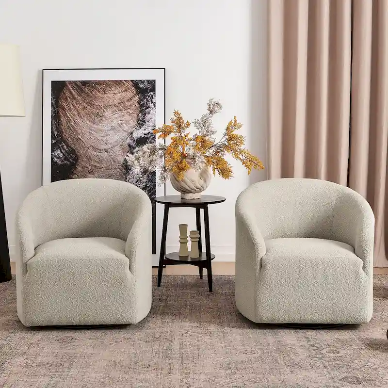 KINWELL 32W Boucle Upholstered Swivel Barrel Armchair (Set of 2)