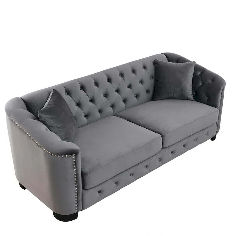 Grey 77 Modern Velvet 3-Seater Sofa with Tufted Backrests and Nailhead Trim