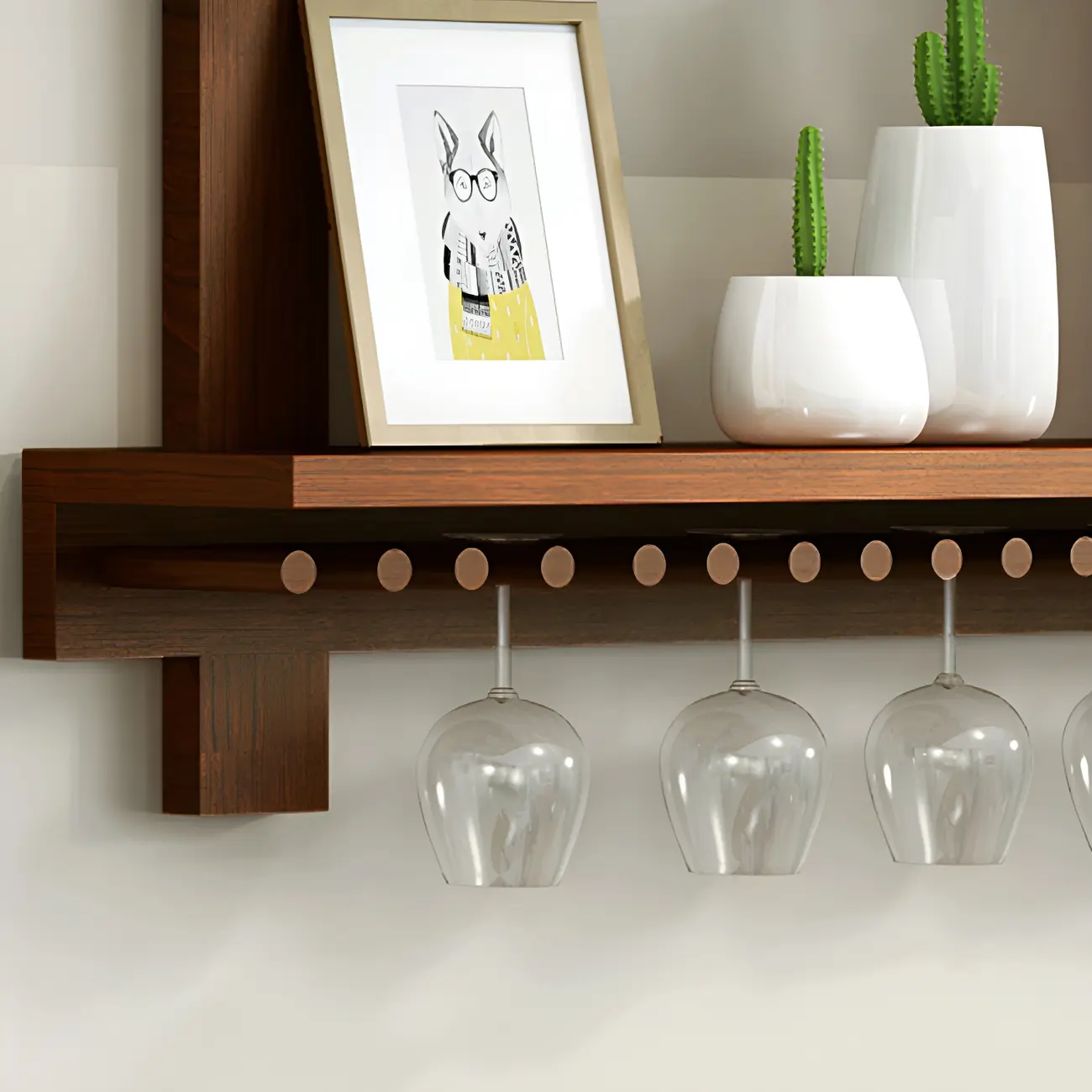 Pine Wooden Wall-Mounted Display Open Wine Bottle & Glass Rack