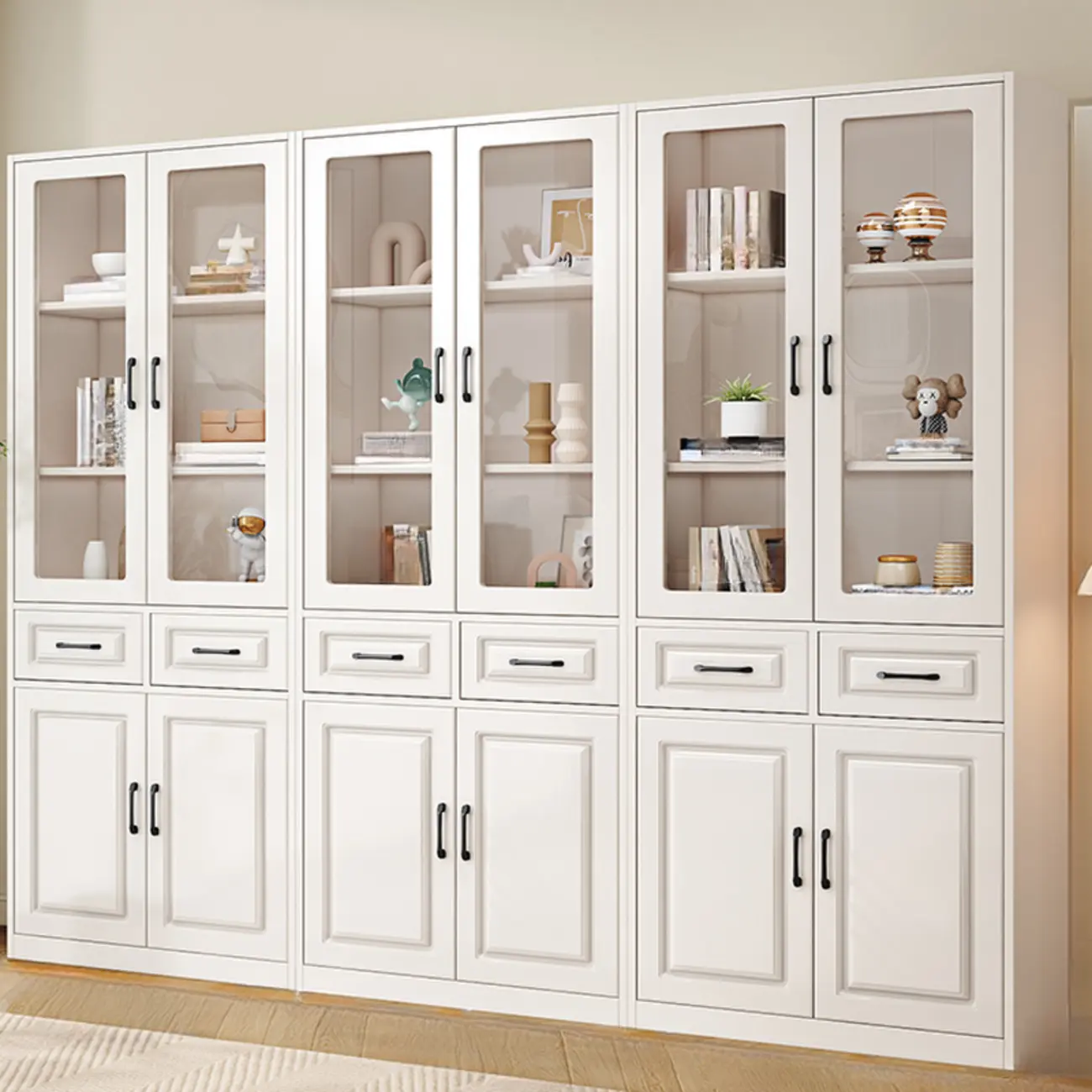 Rectangular White Wood Vertical Display Bookcase with Drawers