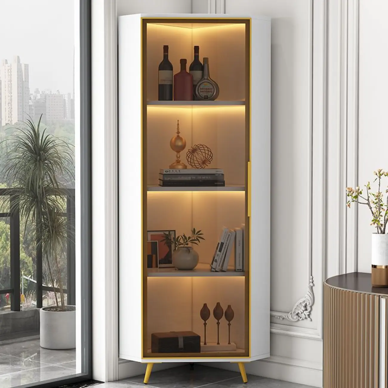 Modern Glam White-Gold Wood Glass Display Cabinet