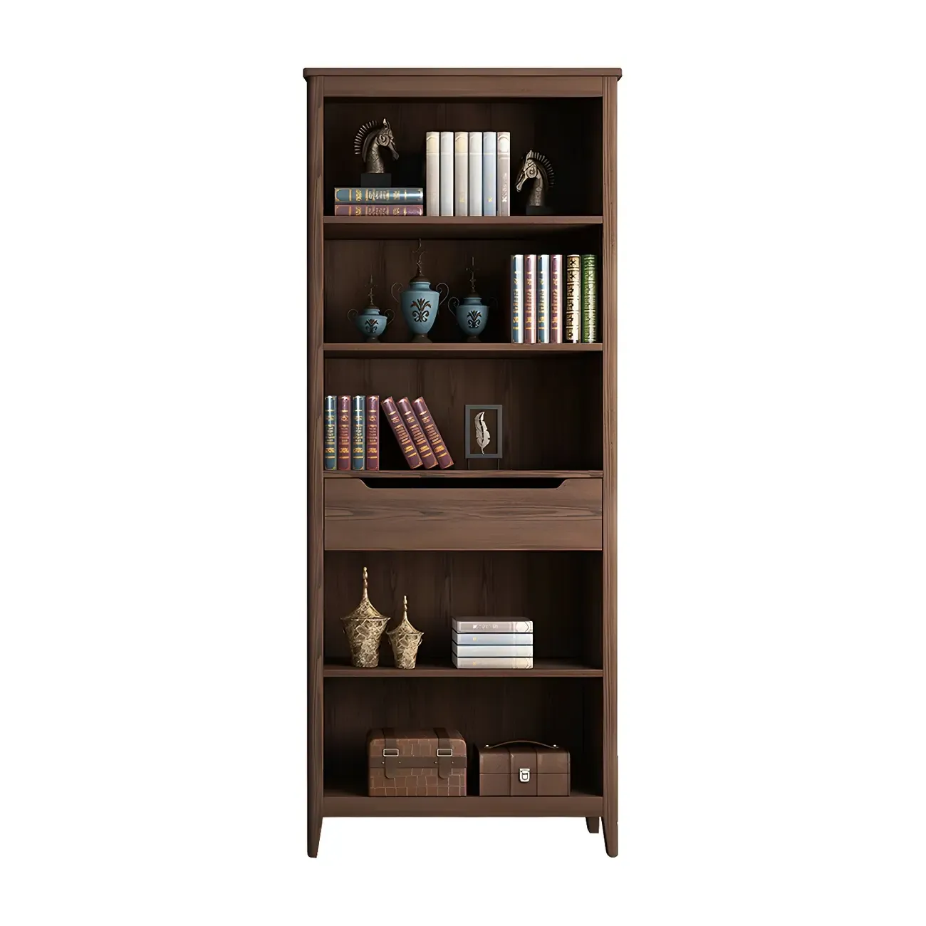 Modern Wooden Bookcase with Adjustable Shelves and Drawers