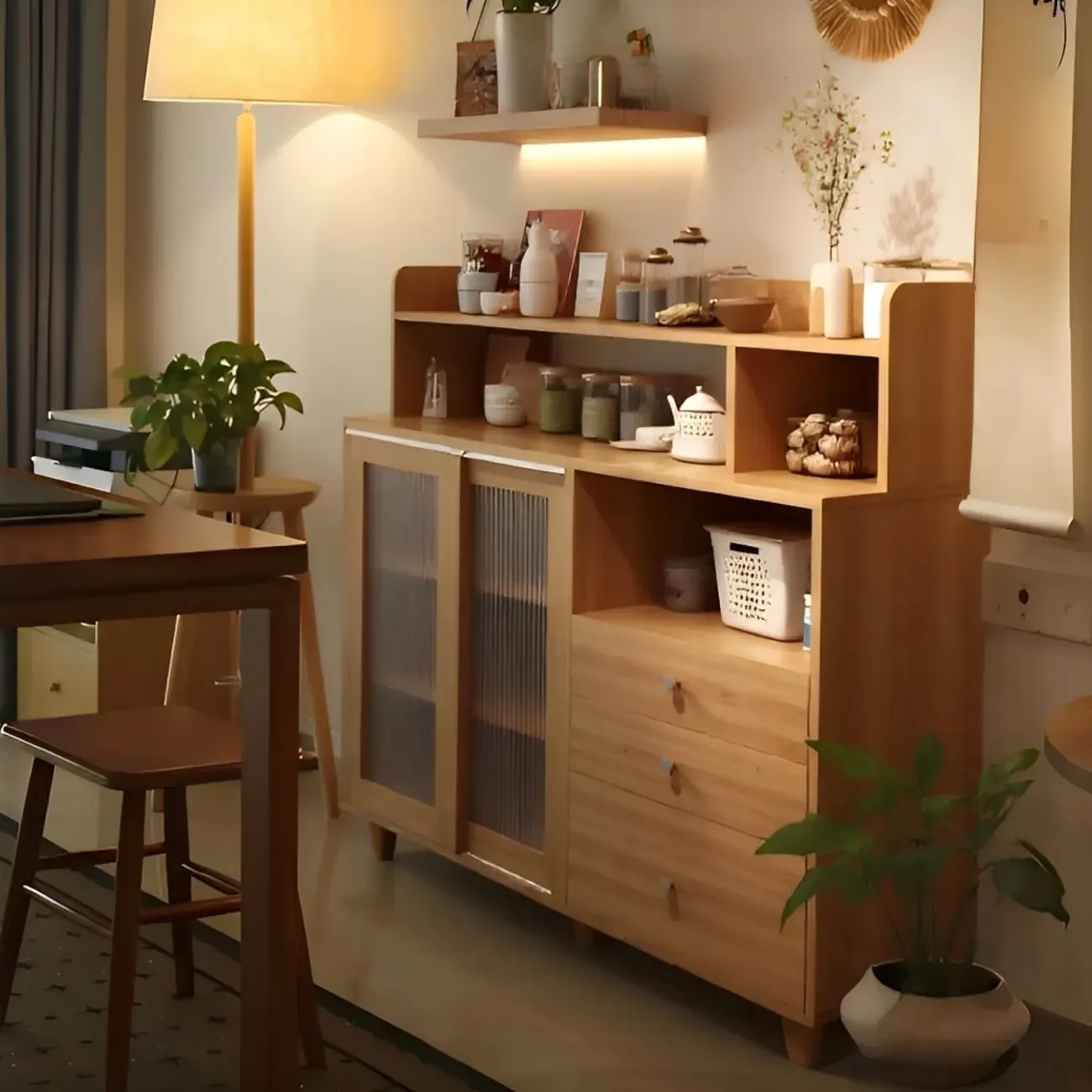 Modern Wood Sideboard with Sliding Doors & Drawers