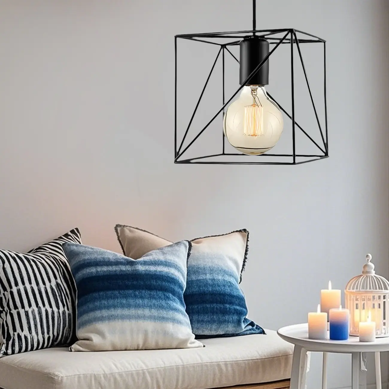 Modern Black Metal Square Caged Semi Flush Mount Ceiling Light