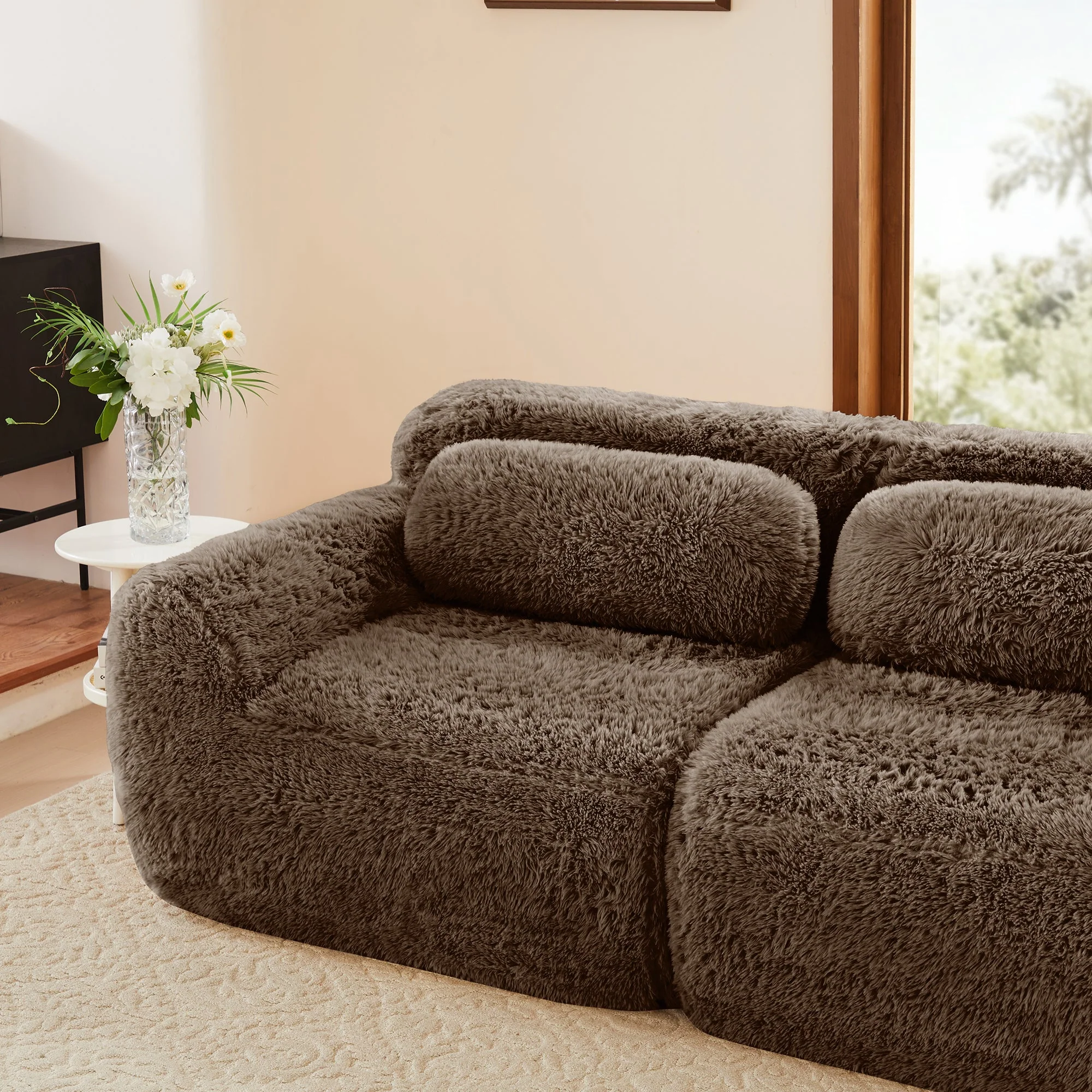 Soft Teddy Plush Ergonomic Design L-shaped Loveseat Sofa with Ottoman