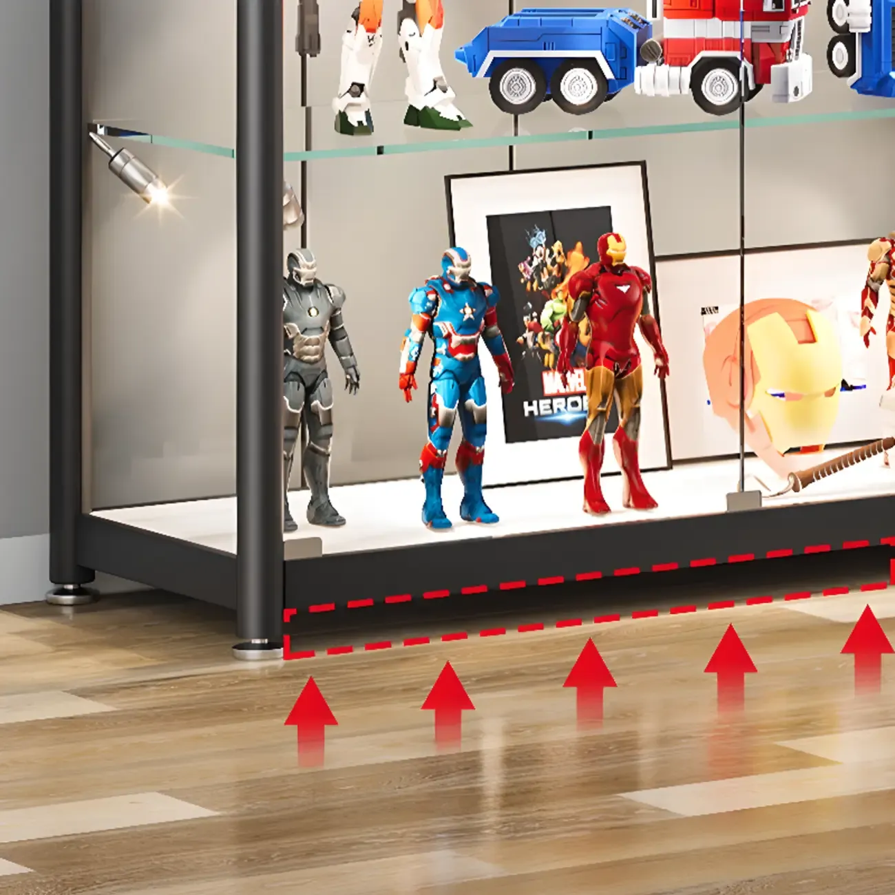 Modern Black Clear Glass LED Adjustable Display Cabinet