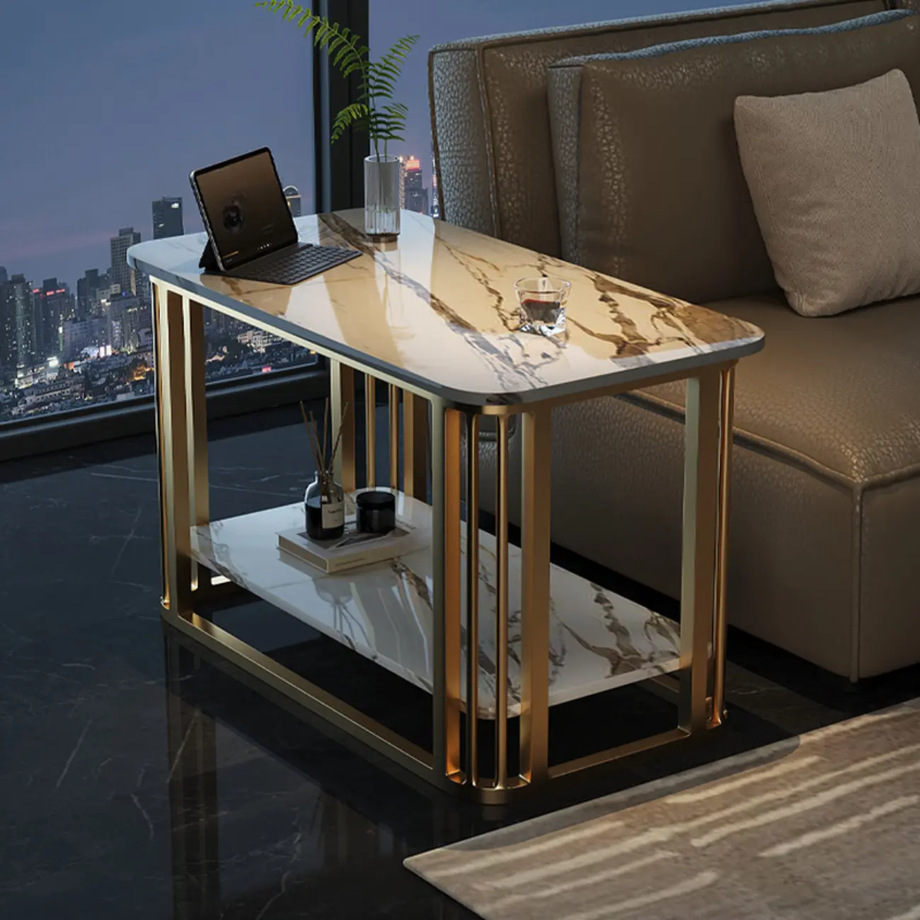 Luxury Rectangular Gold 2-Tier Coffee Table with Stone Top