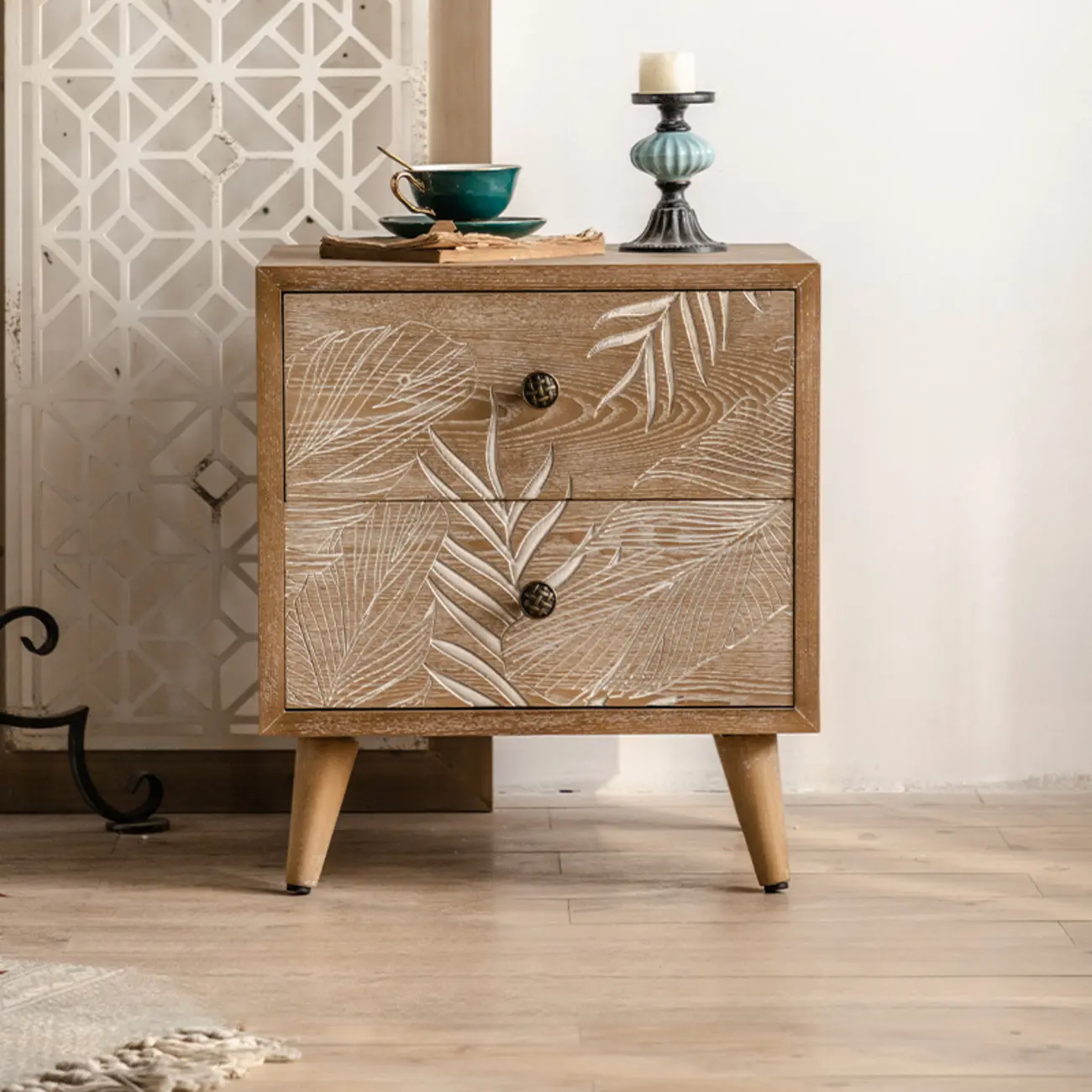 French Country Wooden Parlor Cabinet with Leaf Patterns