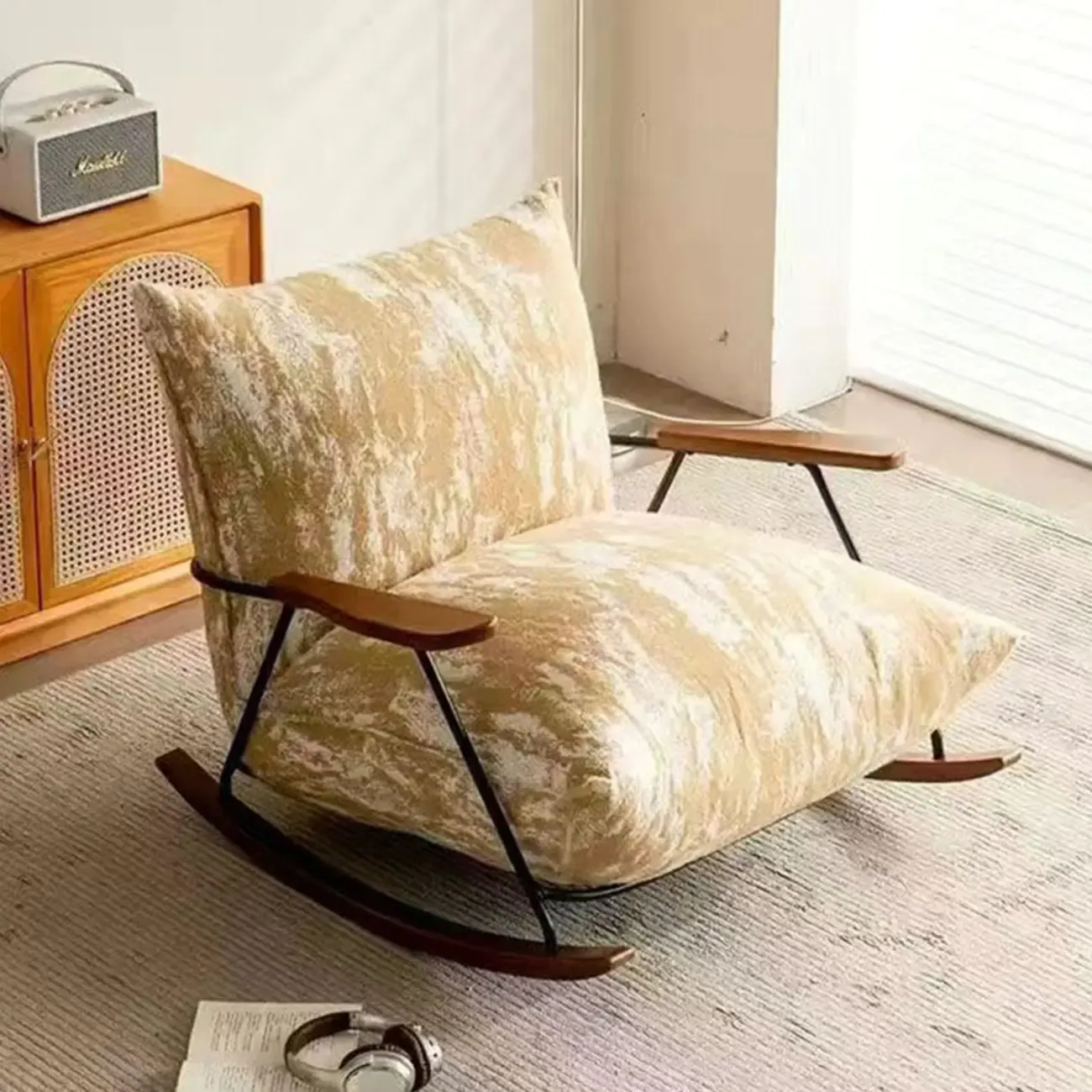 Modern Faux Mink Fleece Upholstered Metal Frame Rocking Chair