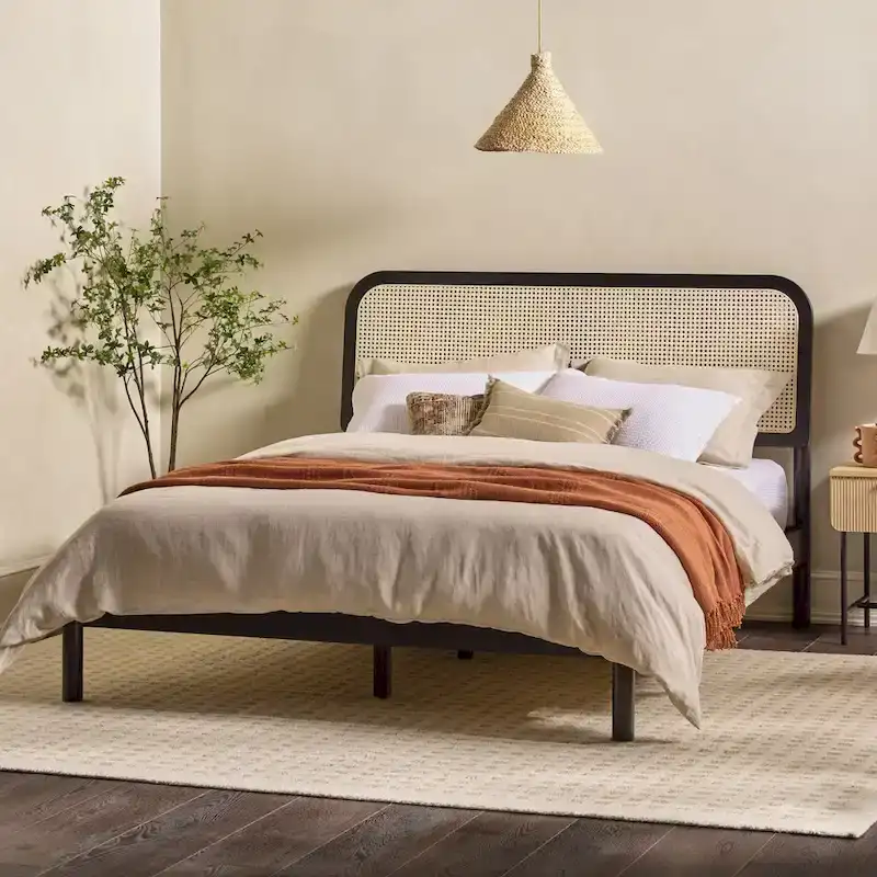 Middlebrook Designs Boho Curved Rattan Headboard Queen Bedframe