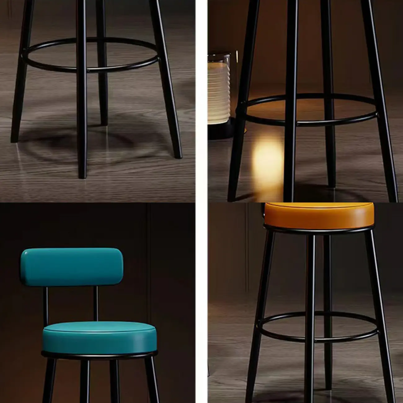 Modern Round Iron Open-Back Upholstered Bar Stool