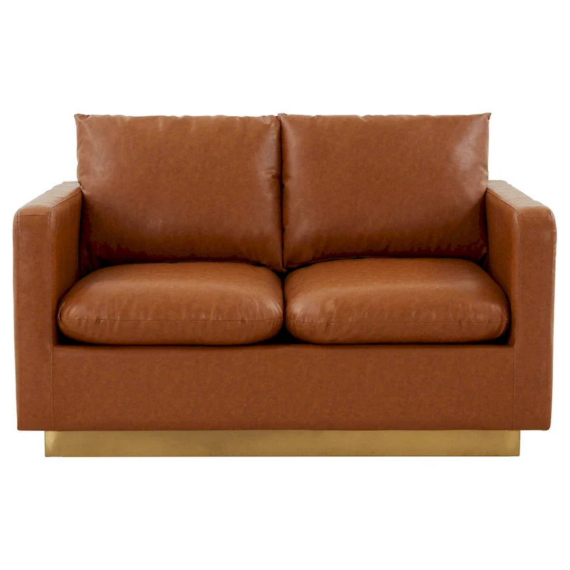 LeisureMod Nervo Modern Leather Loveseat With Gold Base & Cushions - 55.9