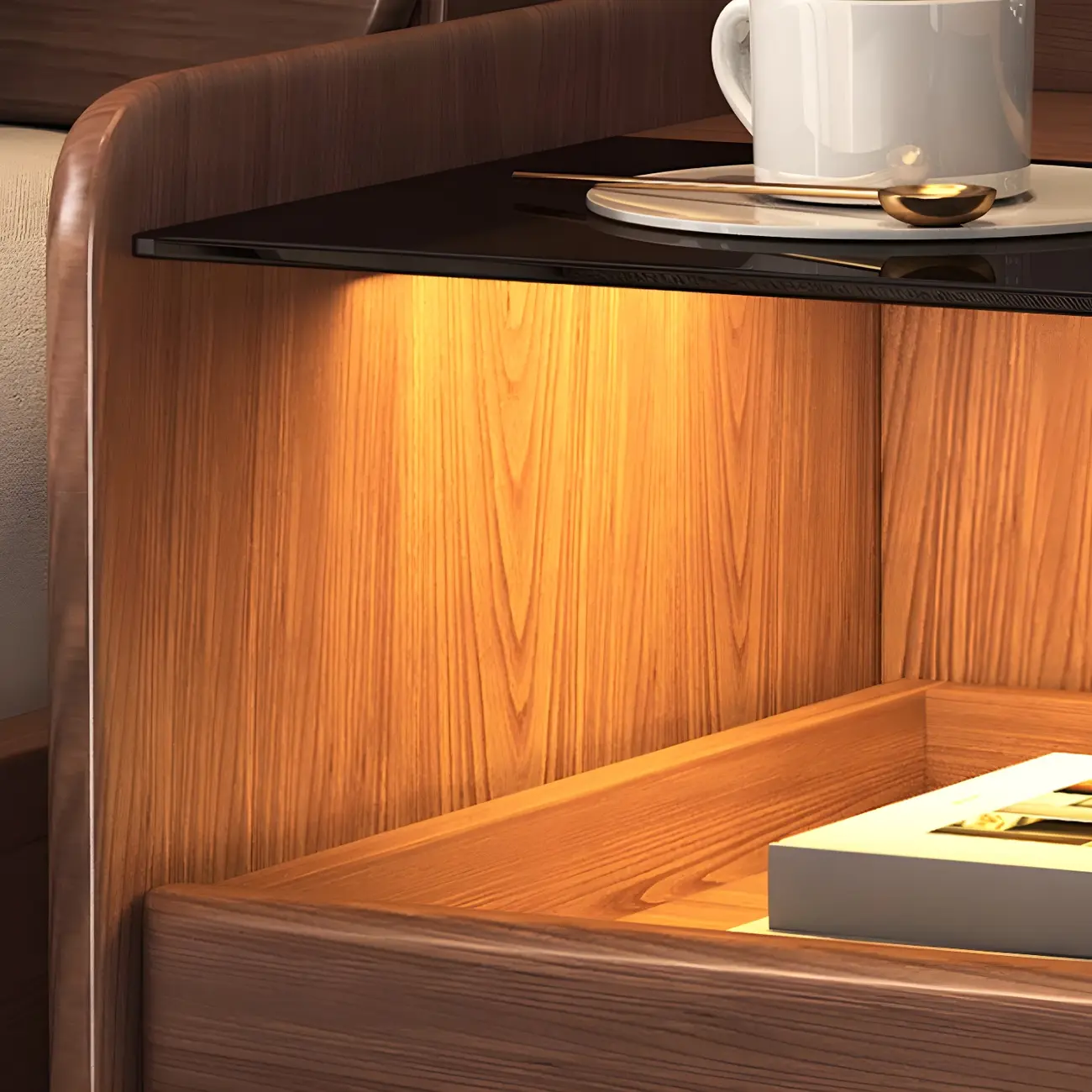 Nut-Brown Wood Glass Top Drawer Nightstand with Light