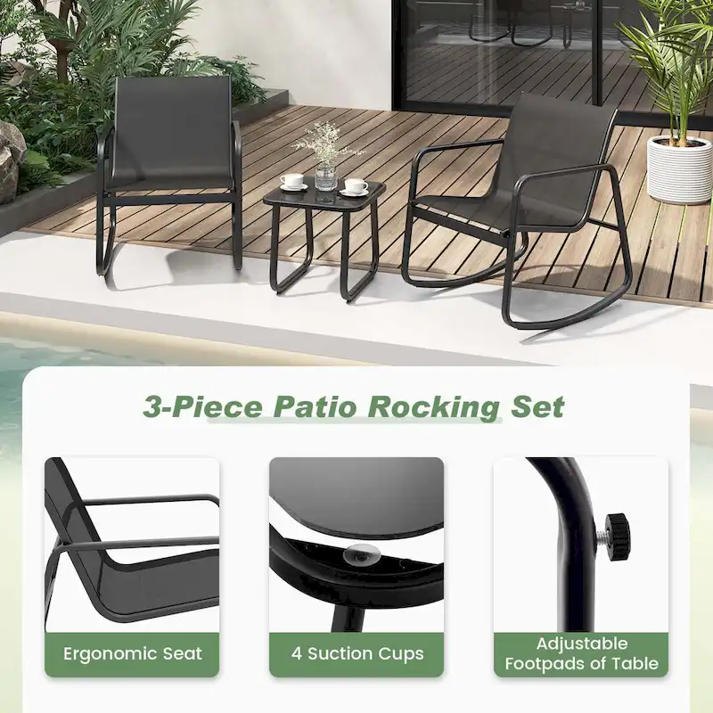 Costway 3 Piece Patio Rocking Set 2 Rocking Bistro Chairs & Glass-Top - See Details