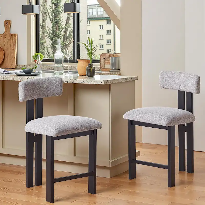Roomfitters 26.5 Round Upholstered Counter Stools, Set of 2 Low Back Bar Chairs with Black Metal Frame