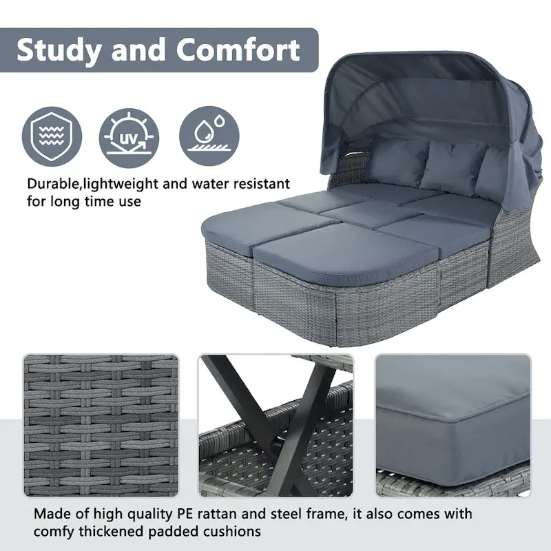 Modular Daybed Sunbed Patio Canopy Bed Wicker Conversation Set