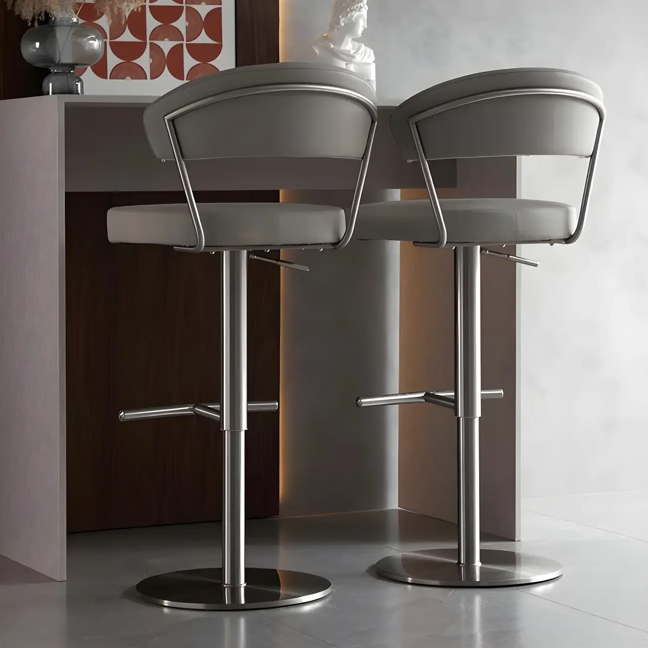 Modern Upholstered Leather Swivel Bar Stools with Adjustable Height