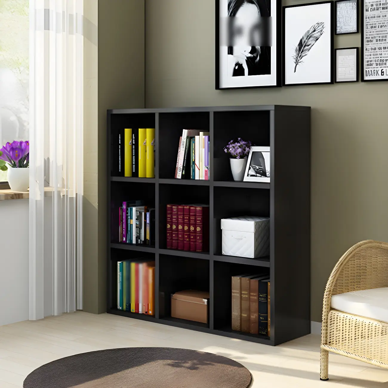 Scandinavian 3-Tier Black Cube Wood Bookcase