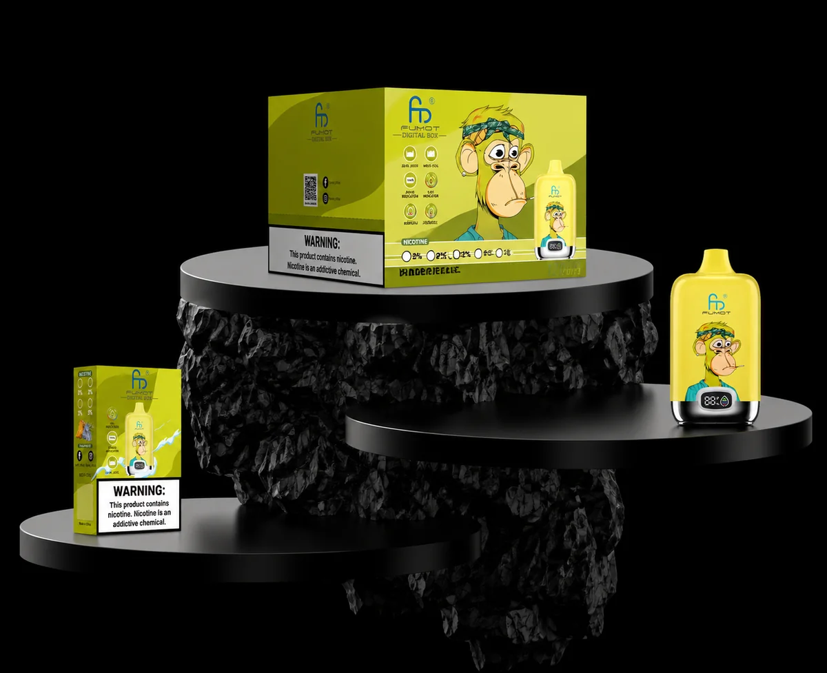 Fumot Digital Box 12000 Pineapple Ice Gerät und Verpackung auf schwarzem Display-Podest