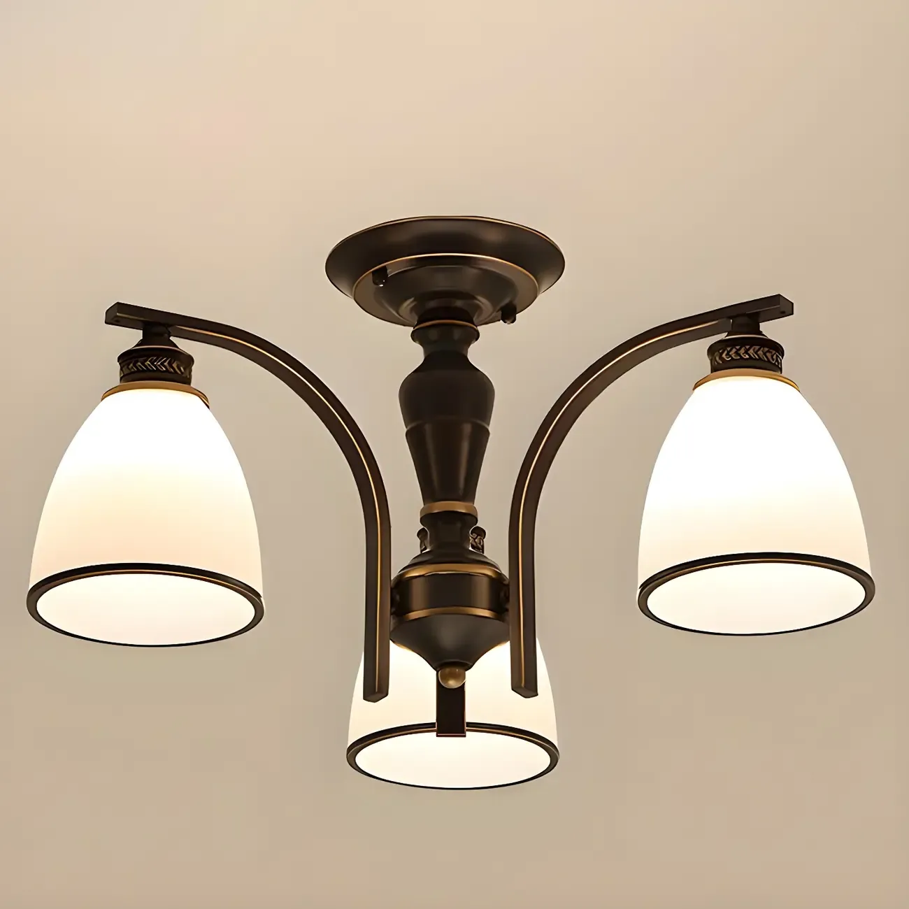 Traditional Black Down Bell Frosted Glass Semi Flush Mount Light