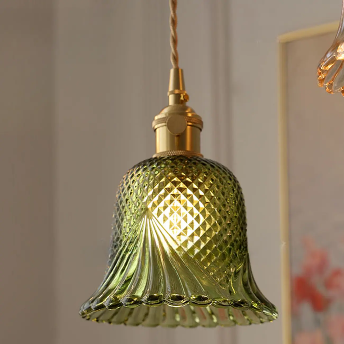 Mini Vintage Green Glass Flower Adjustable Pendant Light