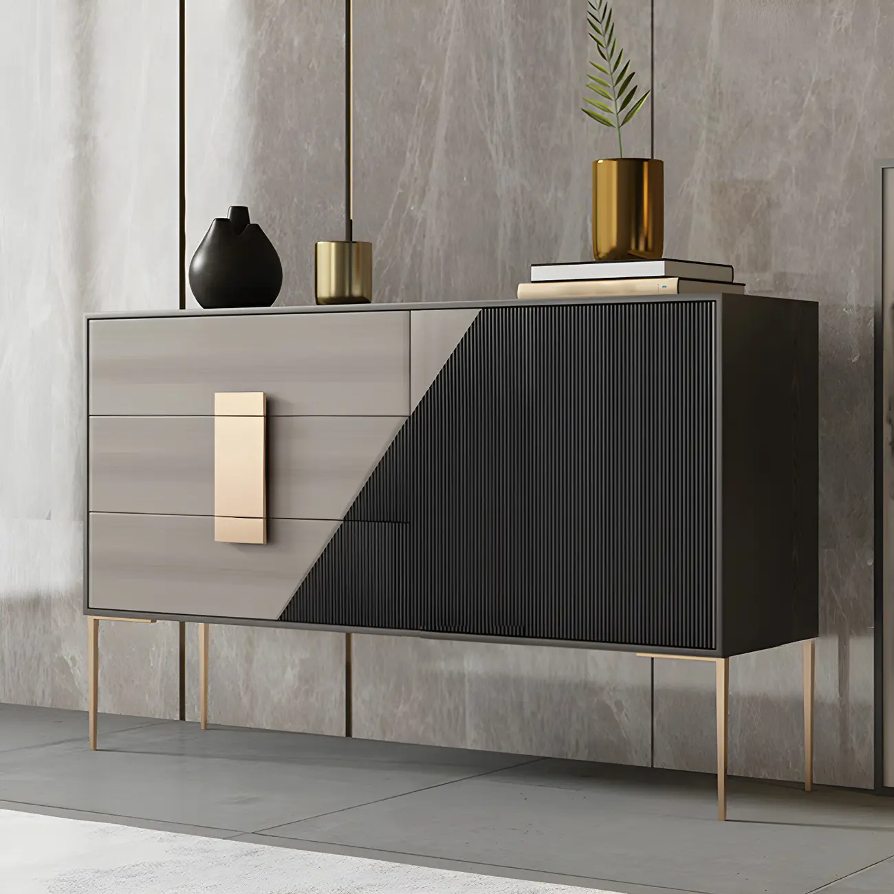 Sleek Black-Gray Wood and Metal Soft-Close Drawers Dresser