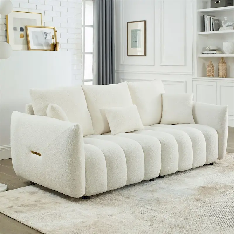 Upholstered Teddy Fabric Sofa with 3 Pillows and Solid Wood Frame