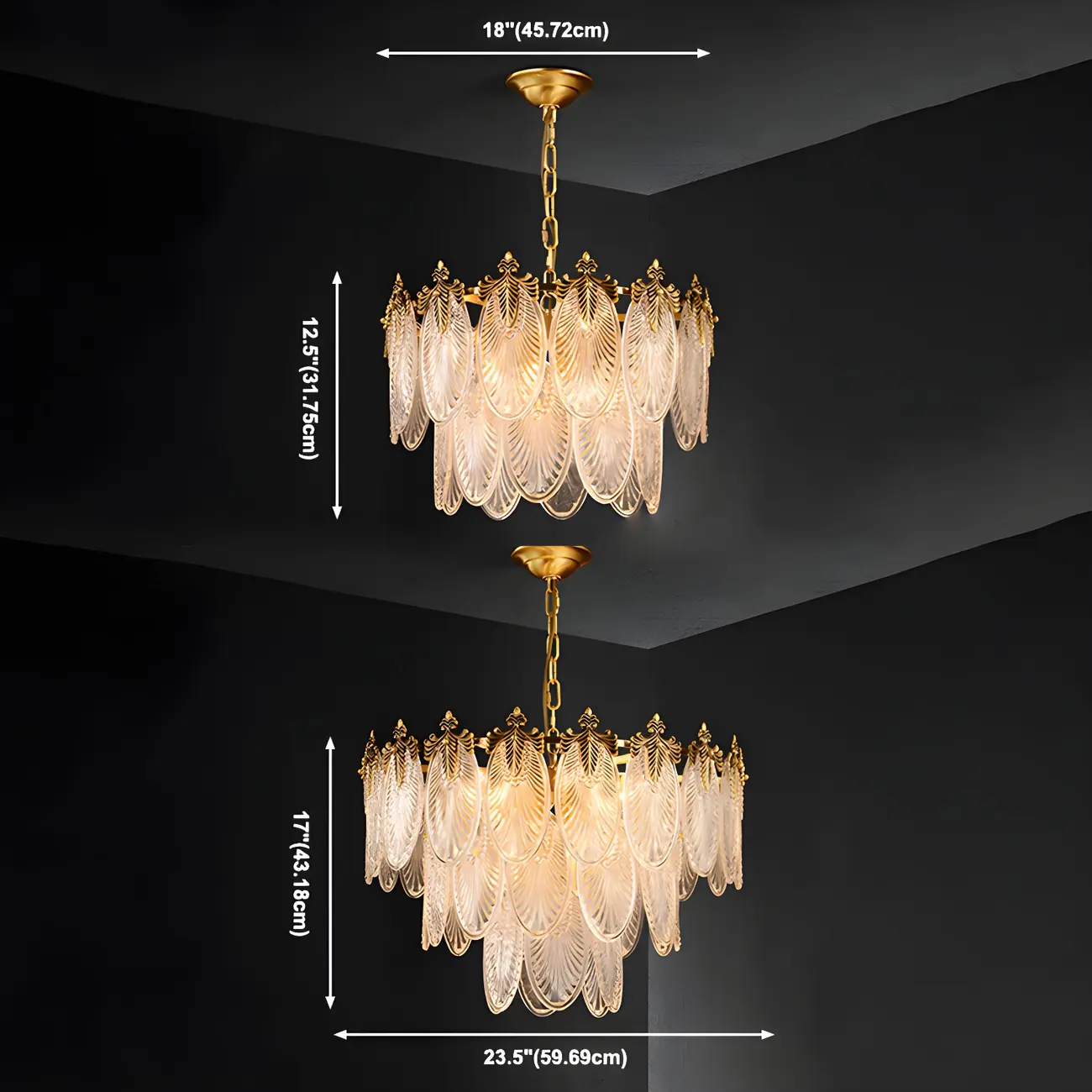 Elegant Brass Ribbed Glass Tiered Chandelier