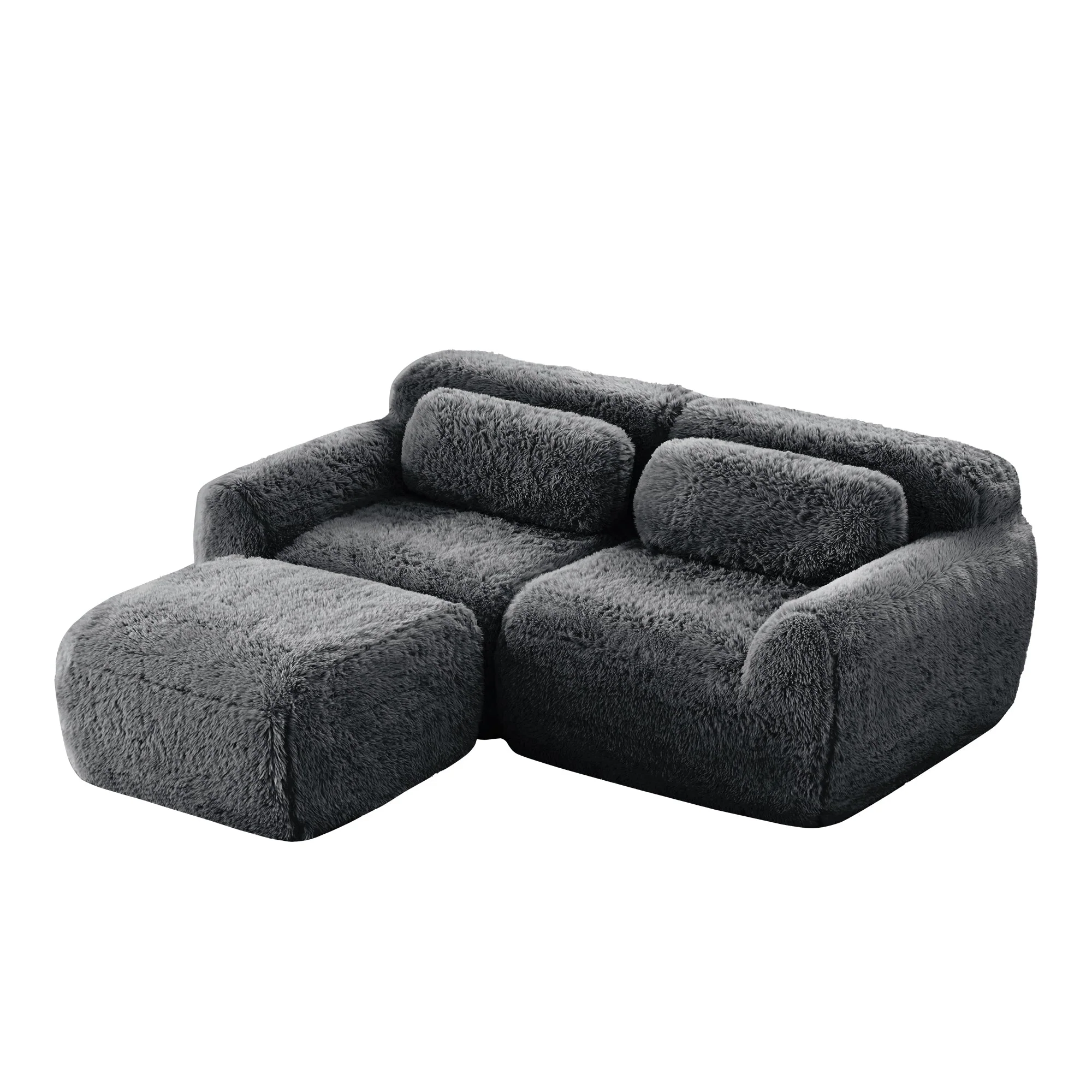 Soft Teddy Plush Ergonomic Design L-shaped Loveseat Sofa with Ottoman