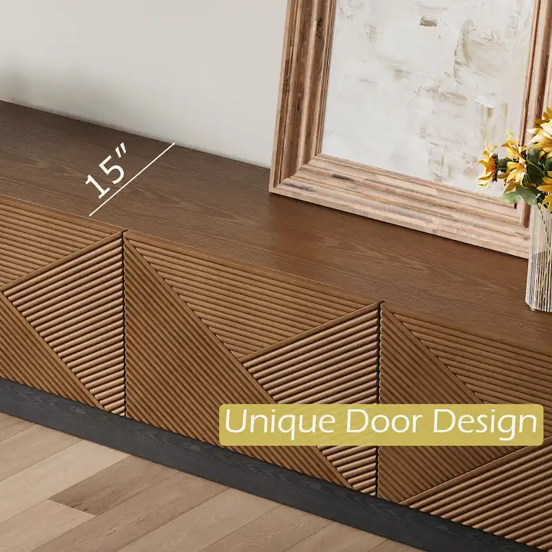 78.74 Mid Century Modern TV Stands, with Brown Solid Wood Veneer, Media Consoler with 4 Cabinets