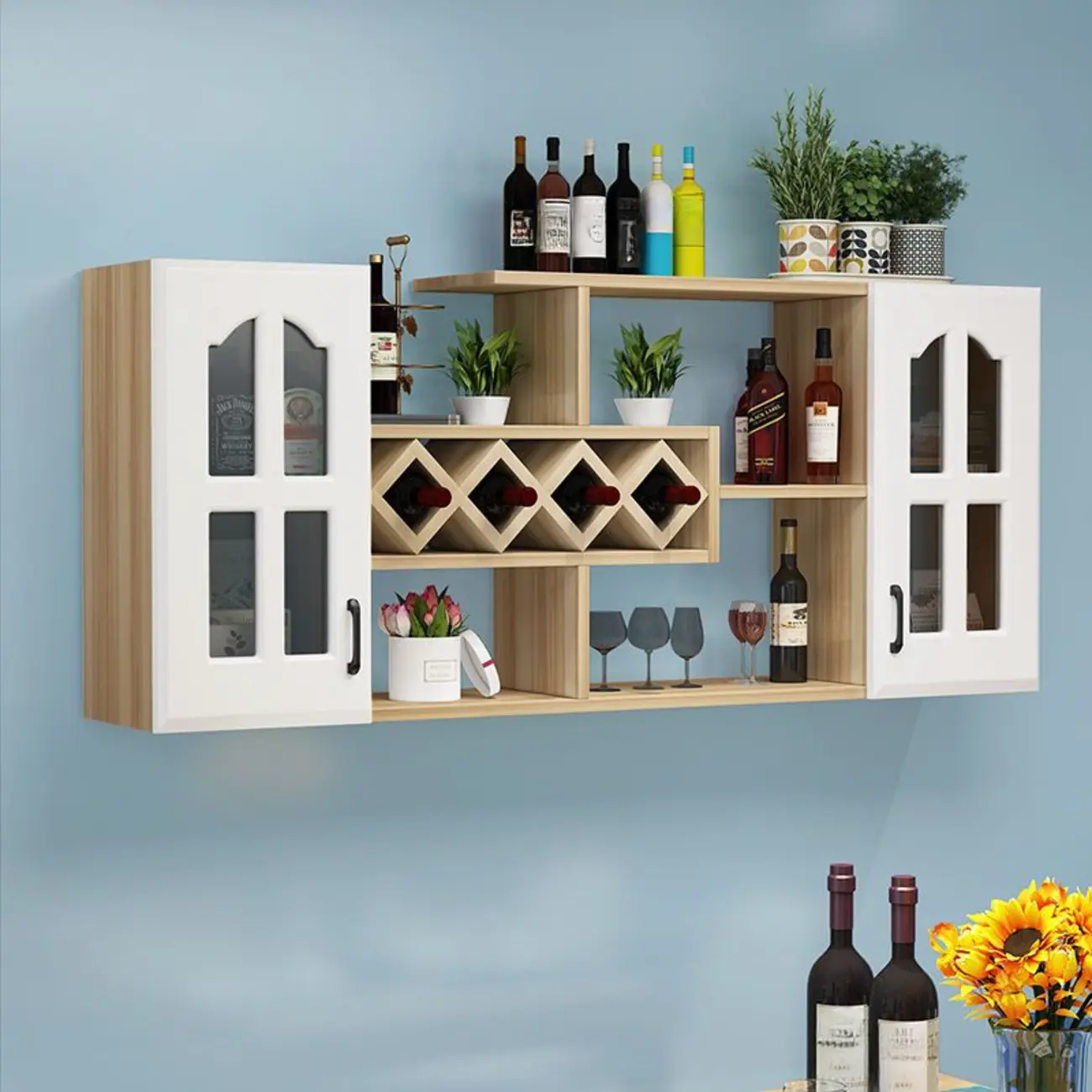 Wooden Wall-Fixed Bottle Holder Rack with Glass Holder Shelf