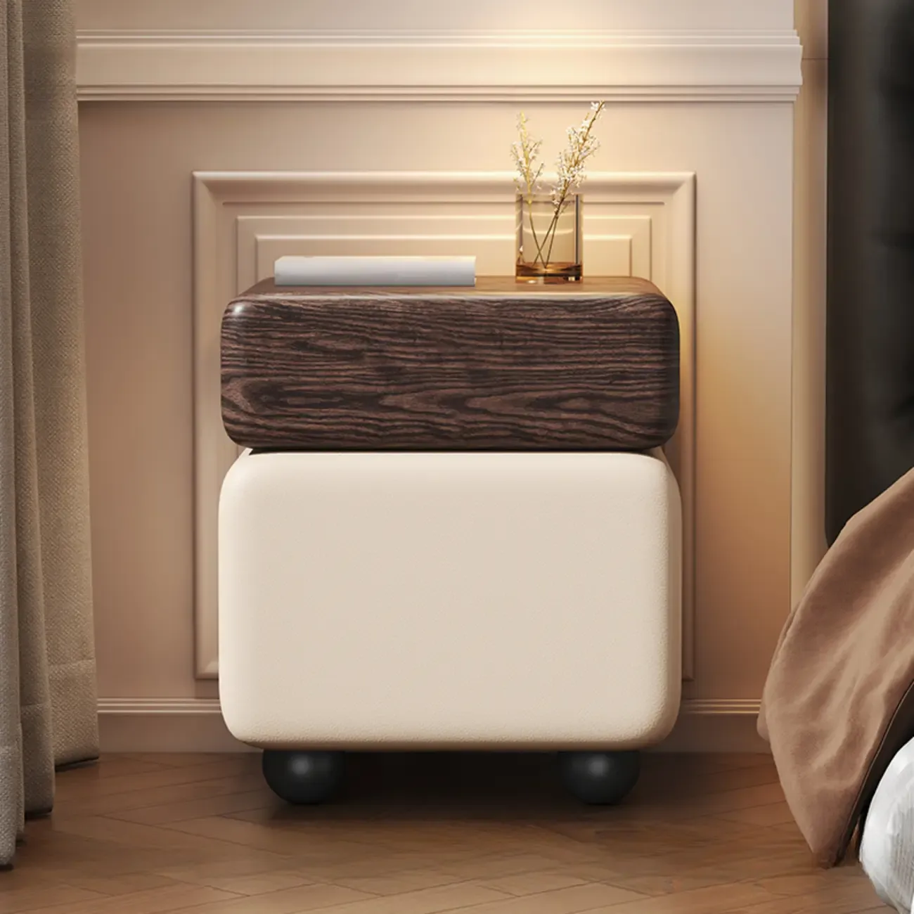 Black Walnut Finish Faux Leather 2-Drawer Nightstand