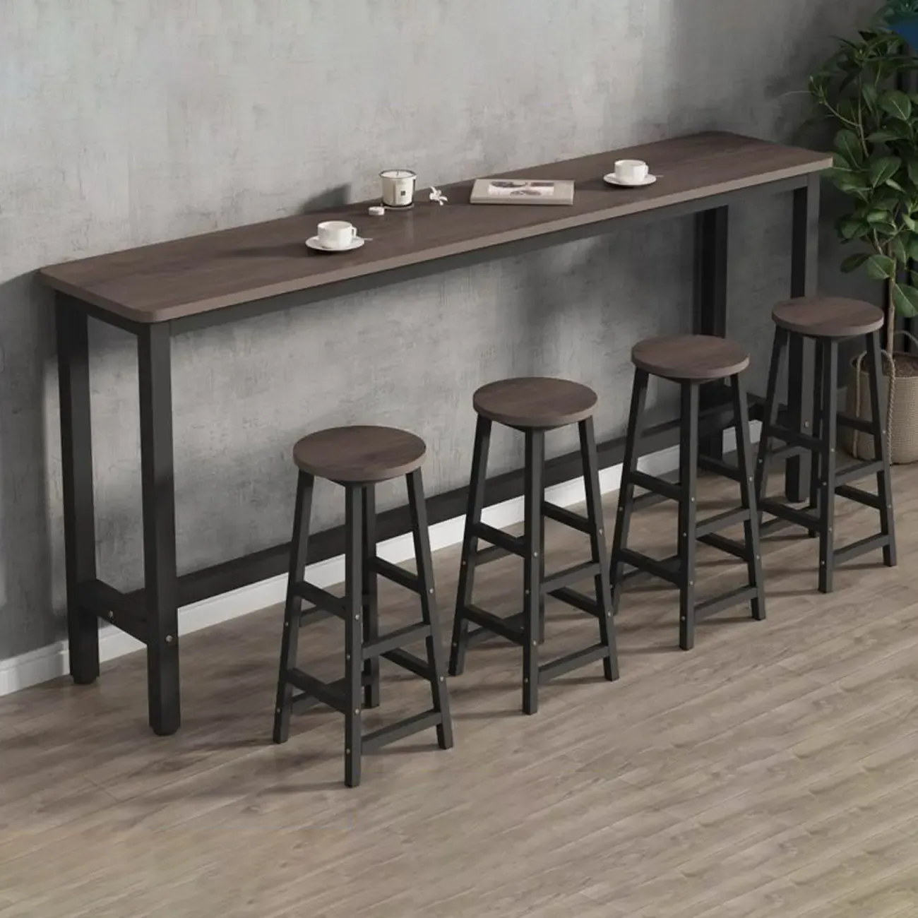 Simple Metal Leg Wooden Fixed Top Bar Table in Brown for Pub