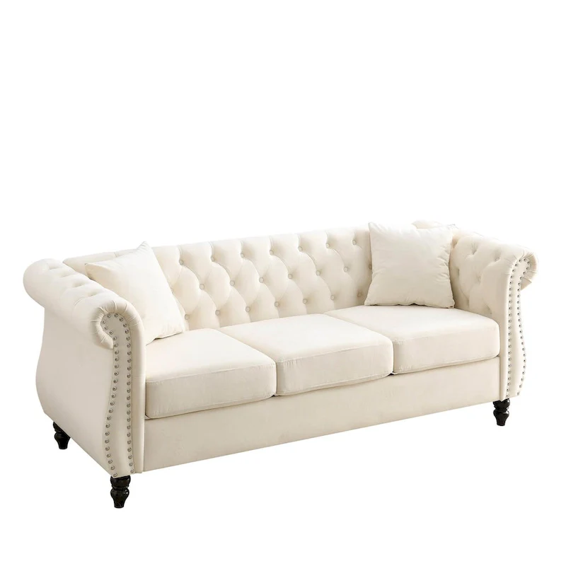Beige Velvet Chesterfield 3 Seater Sofa, Rolled Arms, Nailhead Trim