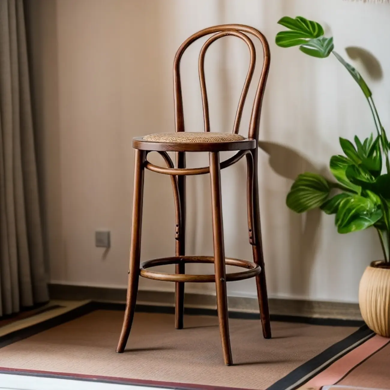 Walnut Beech Wood Leather Seat Bar Stools with Back