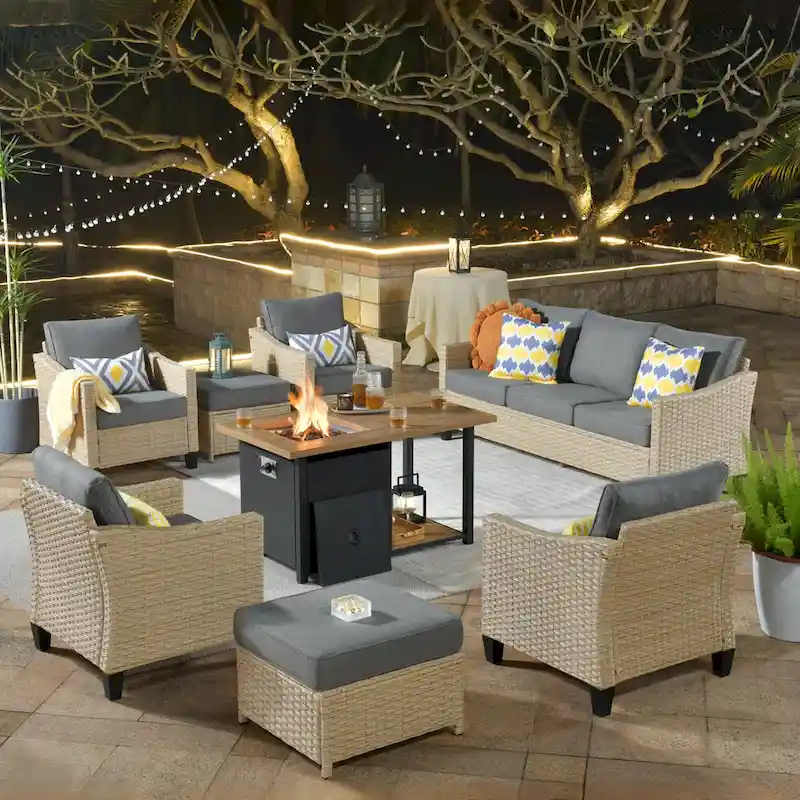 HOOOWOOO 8-piece Patio Wicker Rattan Conversation Set with Multifunctional Fire Pit Table
