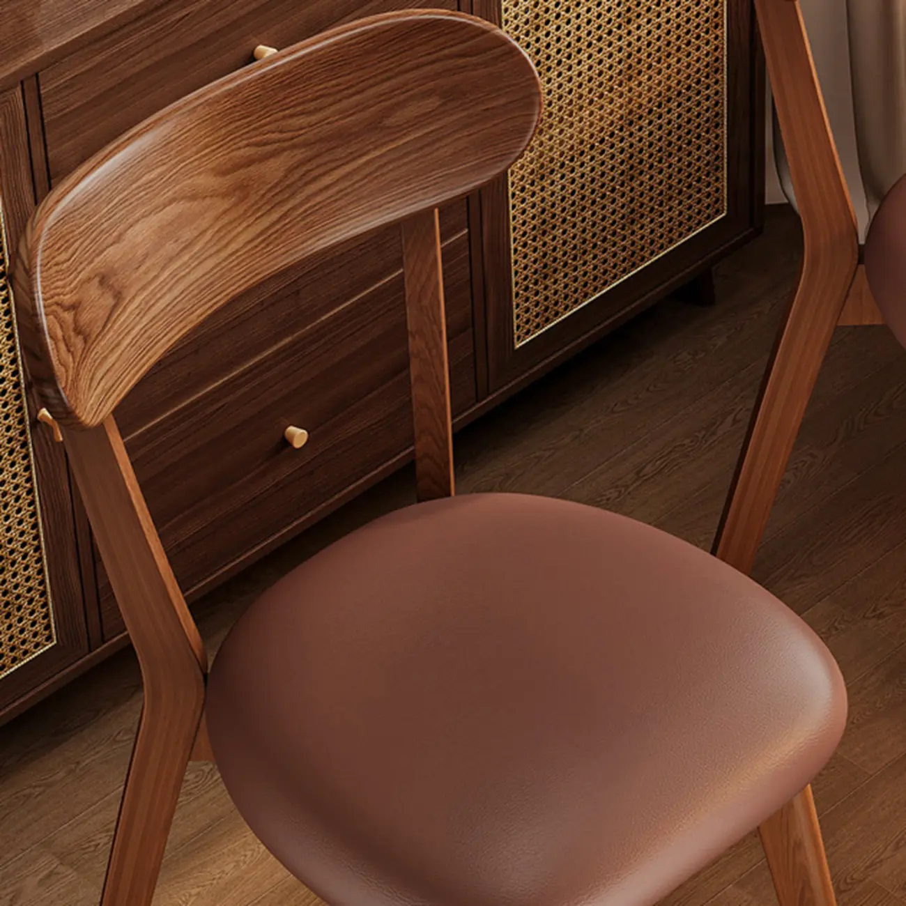 Walnut Wood Mid-Century Modern Upholstered Dining Chair