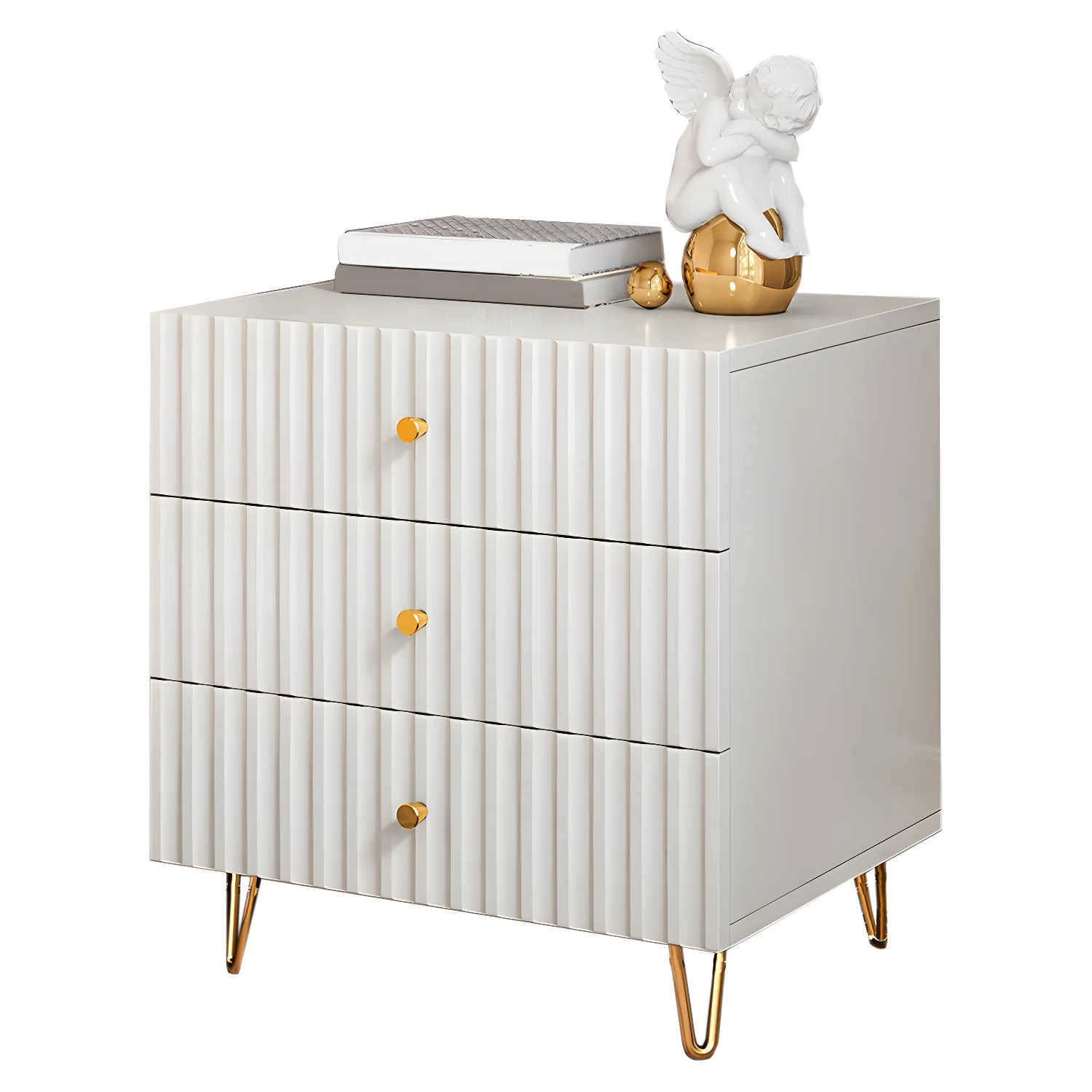 Modern Wooden Stripe Gold Accents Stylish Nightstand
