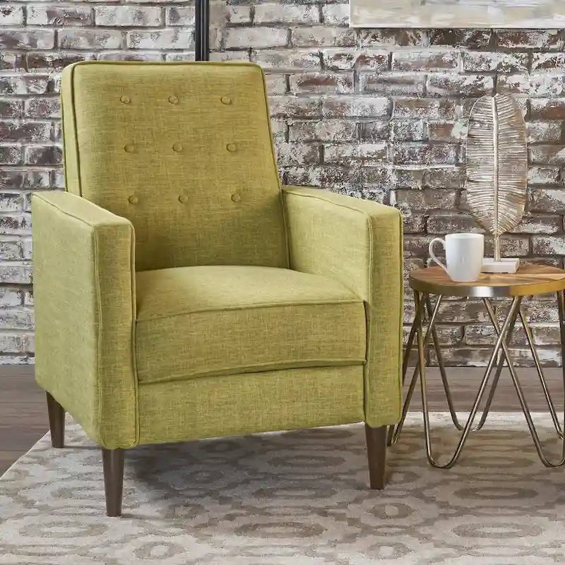 Green Fabric Mid-Century Upholstered Push Back Recliner with Footrest, Button-tufted Backrest, Beech Wood Legs