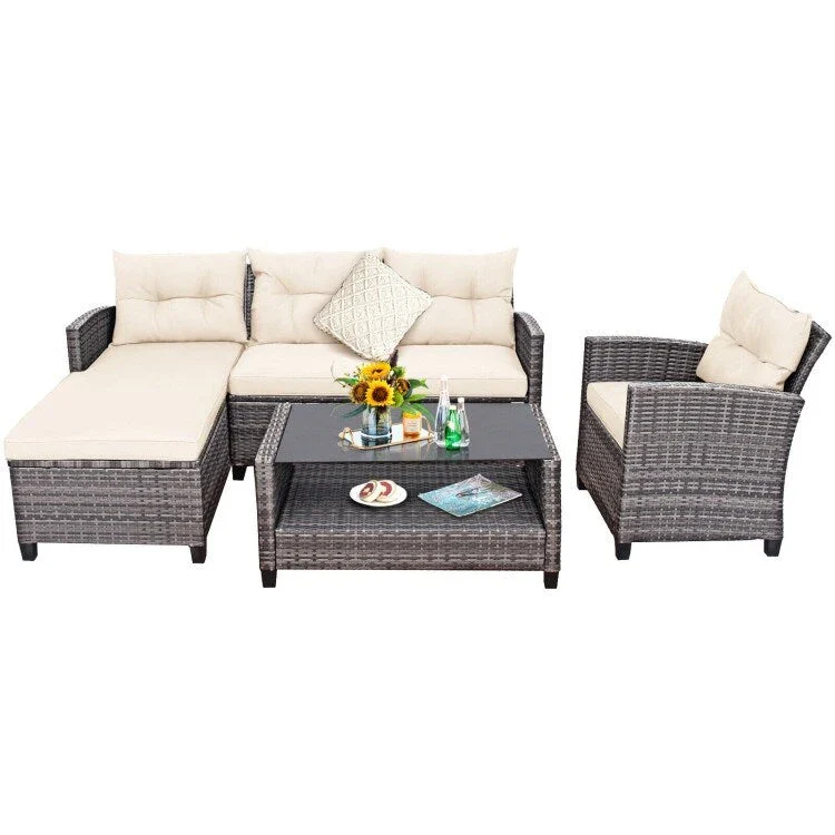 4 Pieces Patio Rattan Furniture Set with Cushion and Table Shelf - 27.5 x 47 x 30 (L x W x H)