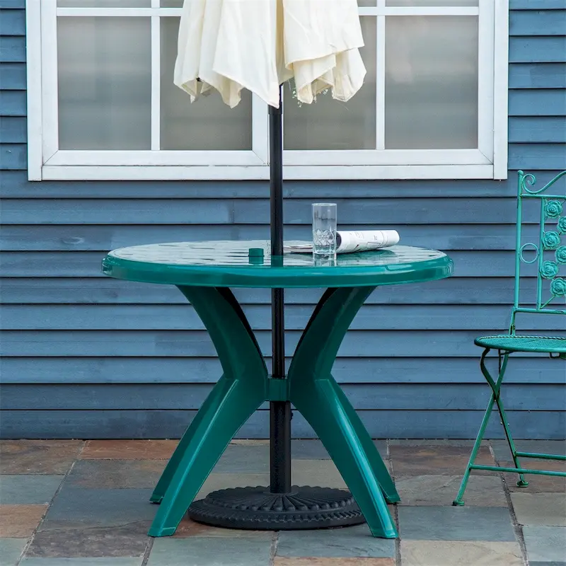 Outsunny Round Plastic Patio Table with Umbrella Hole,Dining Table