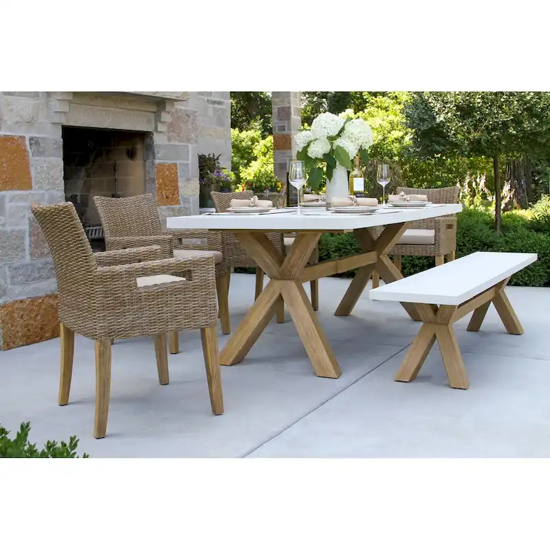 Cordelia 6-Piece Ivory Composite, Wheat Wicker and Eucalyptus Wash Rectangle Dining Set