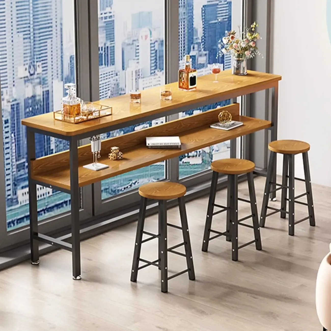 Modern Wooden Metal Base Shelf Bar Table with Footrest